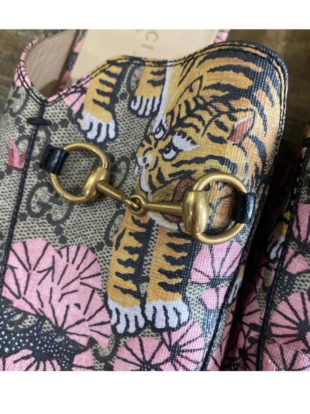 Gucci Tiger & Floral Horsebit Mules - Pink and Yellow - Picture 2 of 11